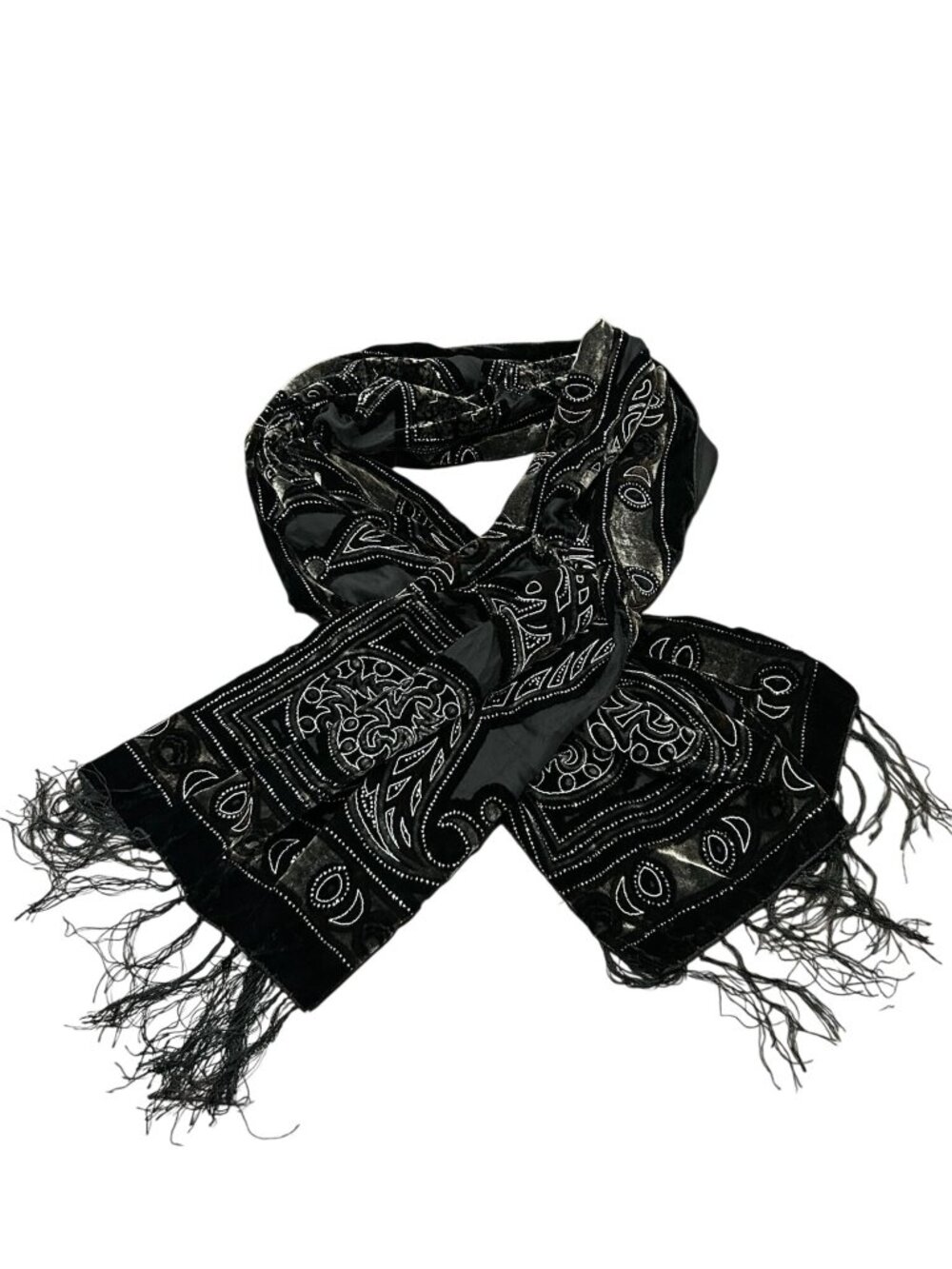 Black Paisley Velvet Devore Scarf Fringe Bandana Print Sheer Wrap Shawl Vintage